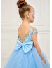 Cap Sleeves Blue Lace Tulle Floor Length Flower Girl Dress